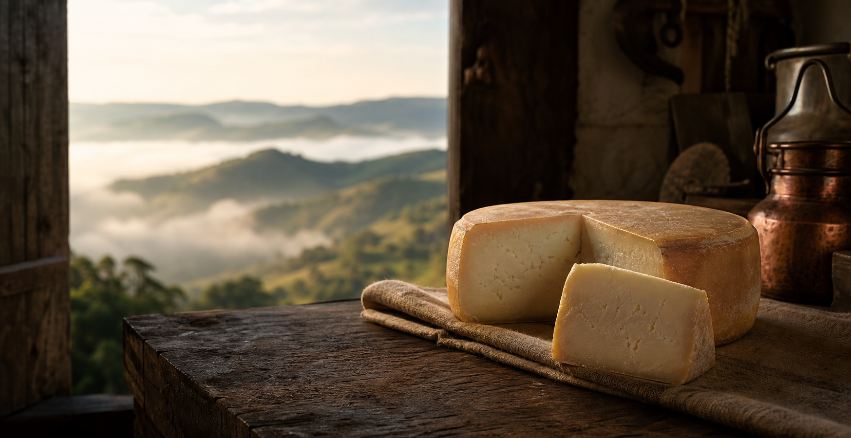 Queijo curado sobre madeira em uma queijaria na serra
