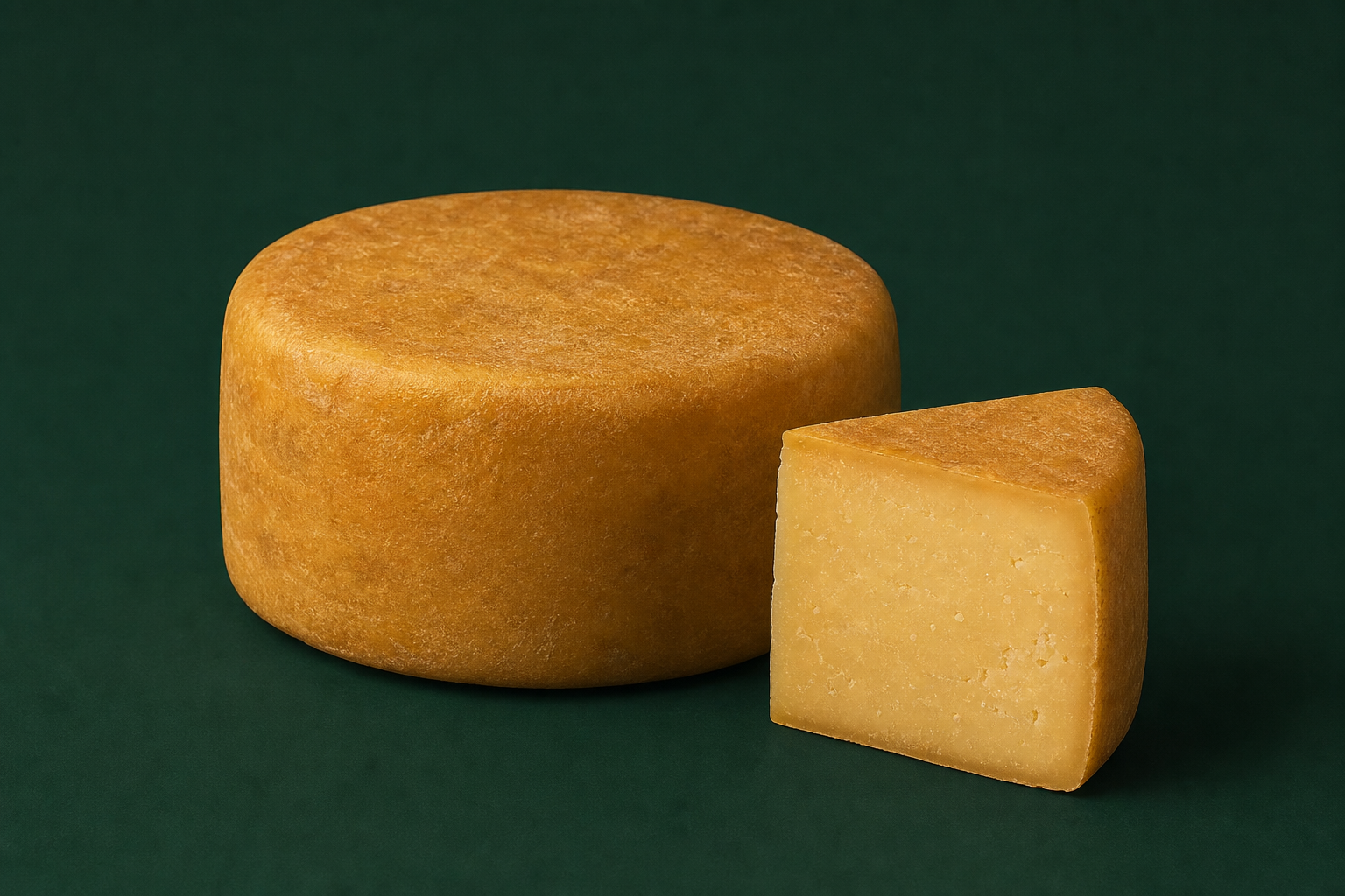 Queijo artesanal curado de casca dourada com uma cunha cortada