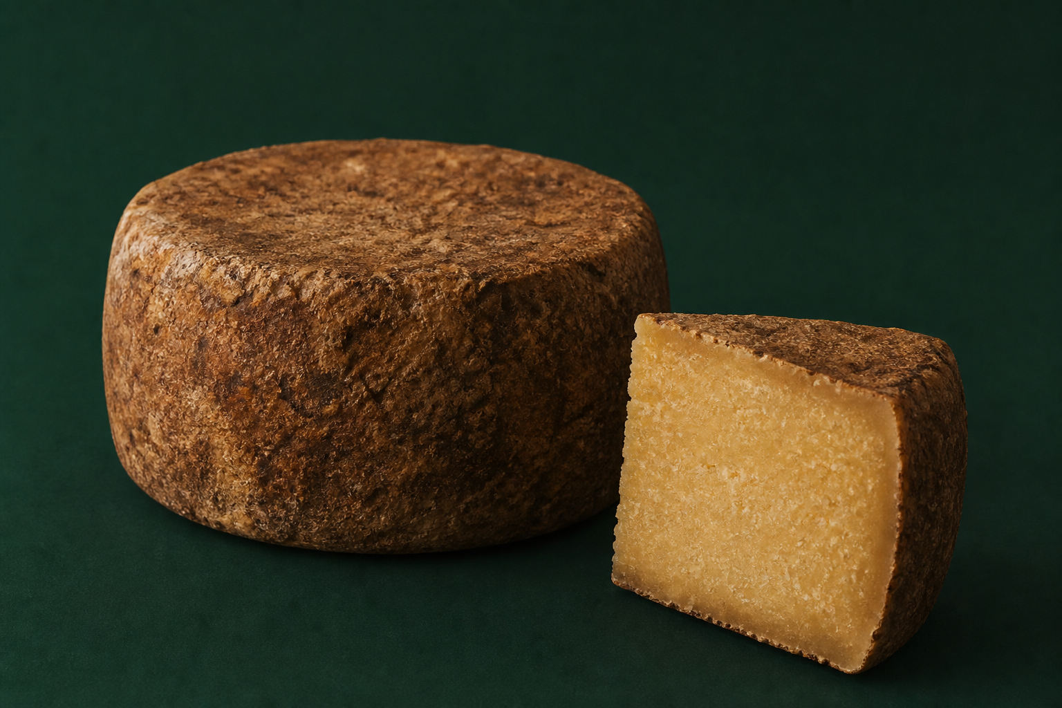Queijo artesanal de longa maturação com casca rústica e uma cunha cortada