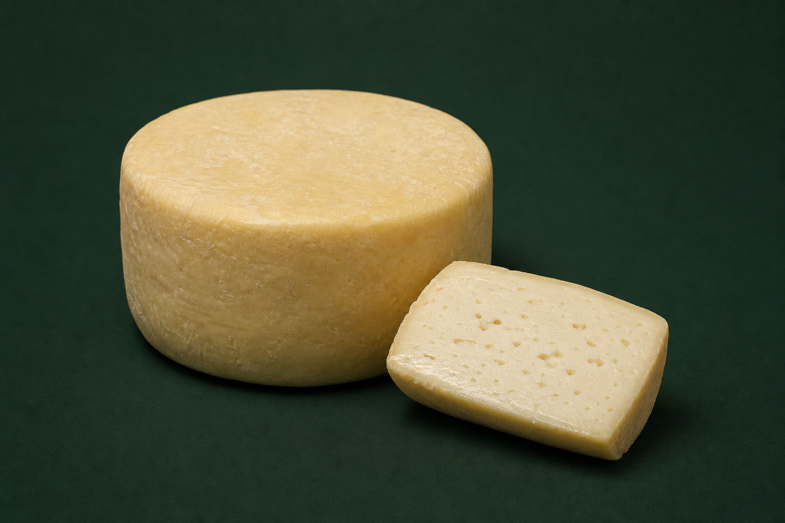 Queijo artesanal jovem de casca clara com uma cunha cortada
